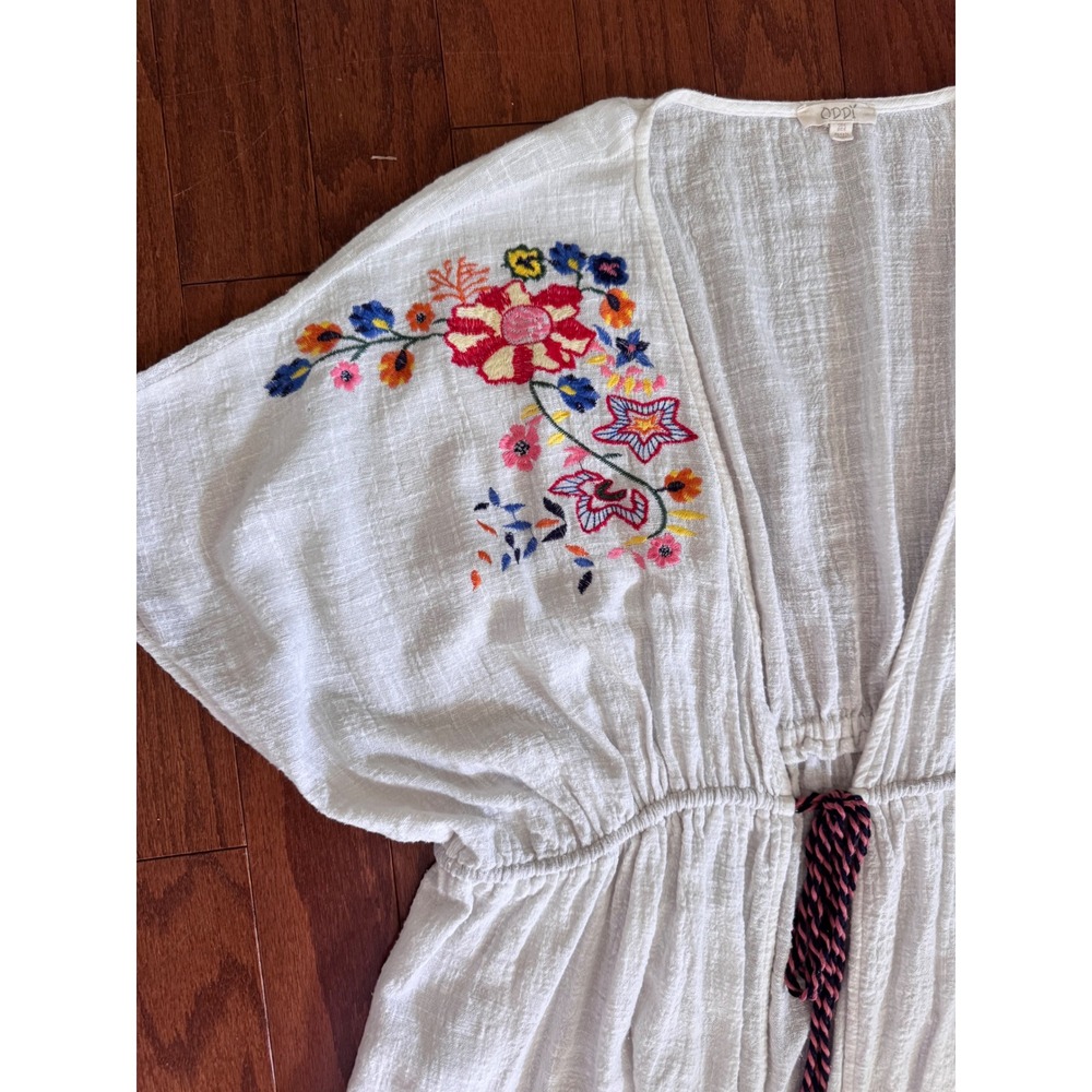 Oddi‎ White Cotton Gauze Floral Embroidered Kimono Midi Coverup Tassel  One Size - Picture 6 of 10
